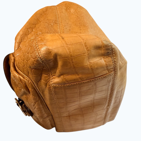 Michael Kors Brown Croc Embossed Leather Hobo Shoulder Bag Gold Hardware